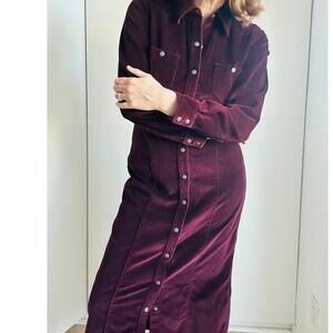 Eddie Bauer Womens Velvet Midi Shirt Dress Size Small Maroon Y2k Era winter